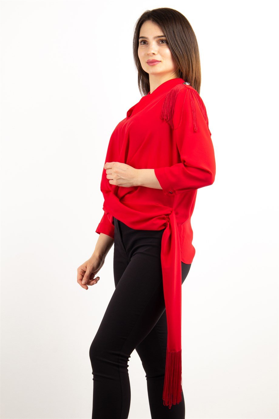 Wrap Hem Tie Blouse - Red