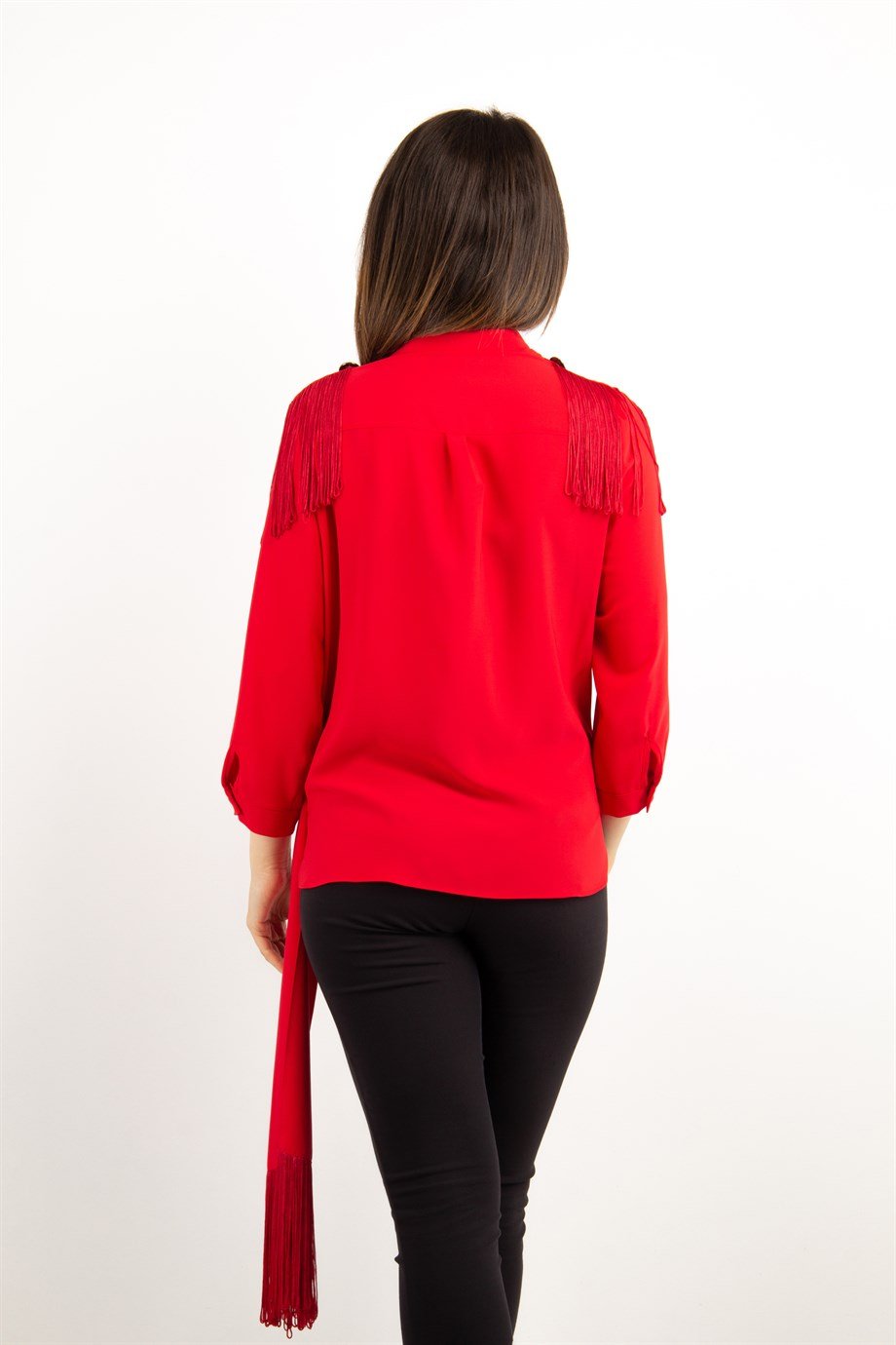 Wrap Hem Tie Blouse - Red