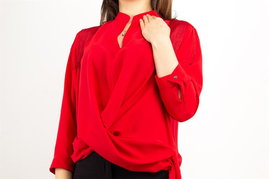 Wrap Hem Tie Blouse - Red