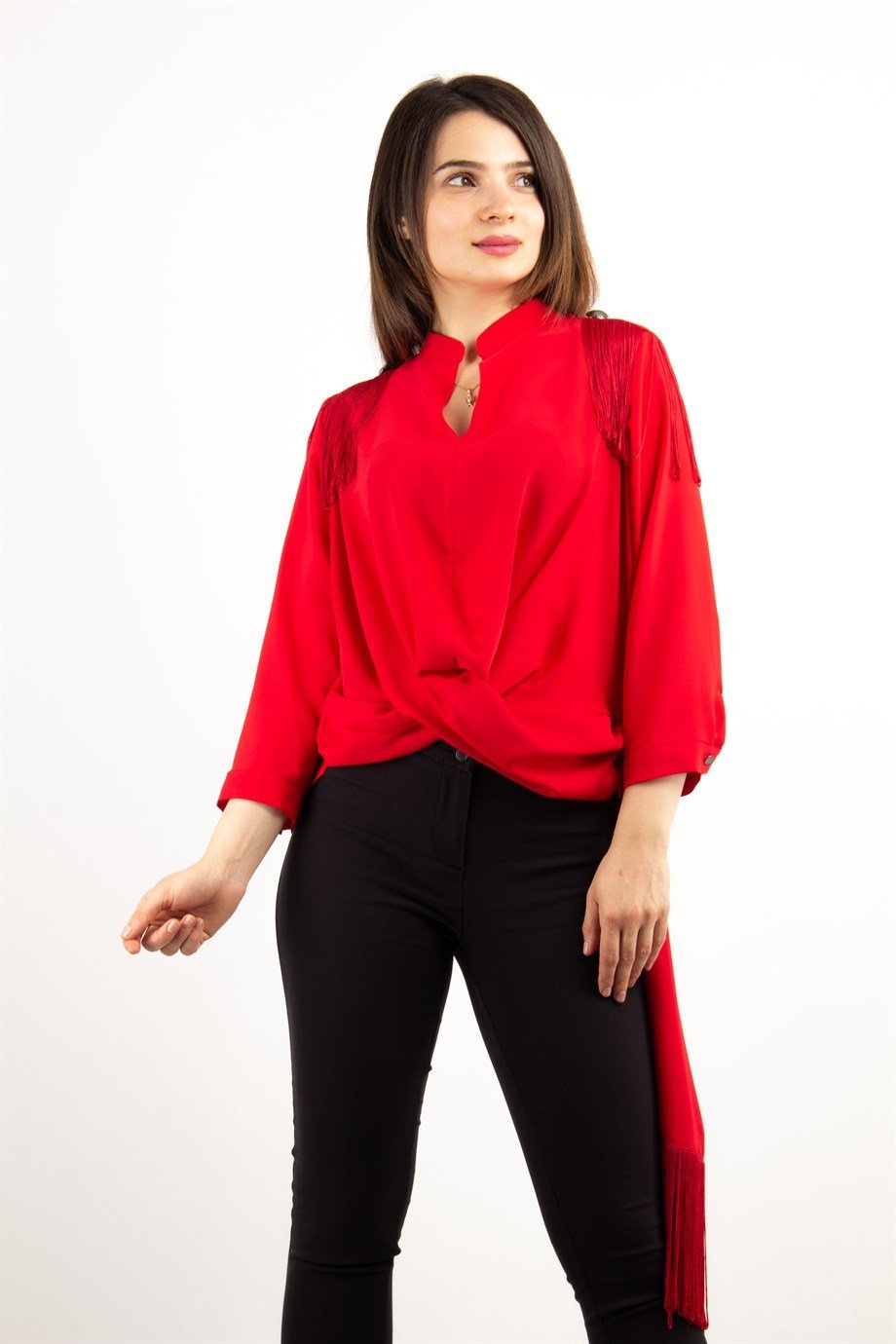 Wrap Hem Tie Blouse - Red