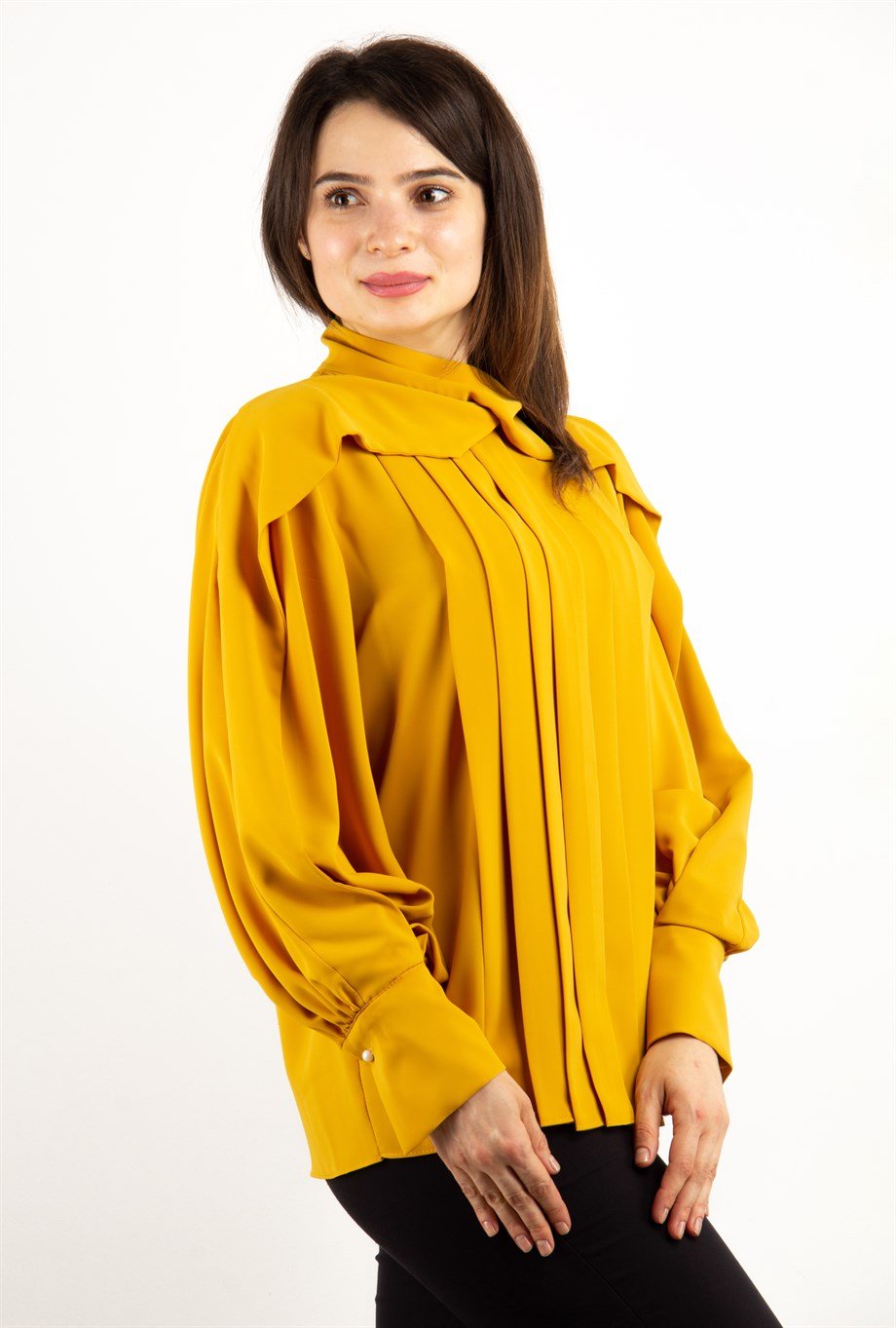 Wrap Neck Pleated Blouse - Mustard