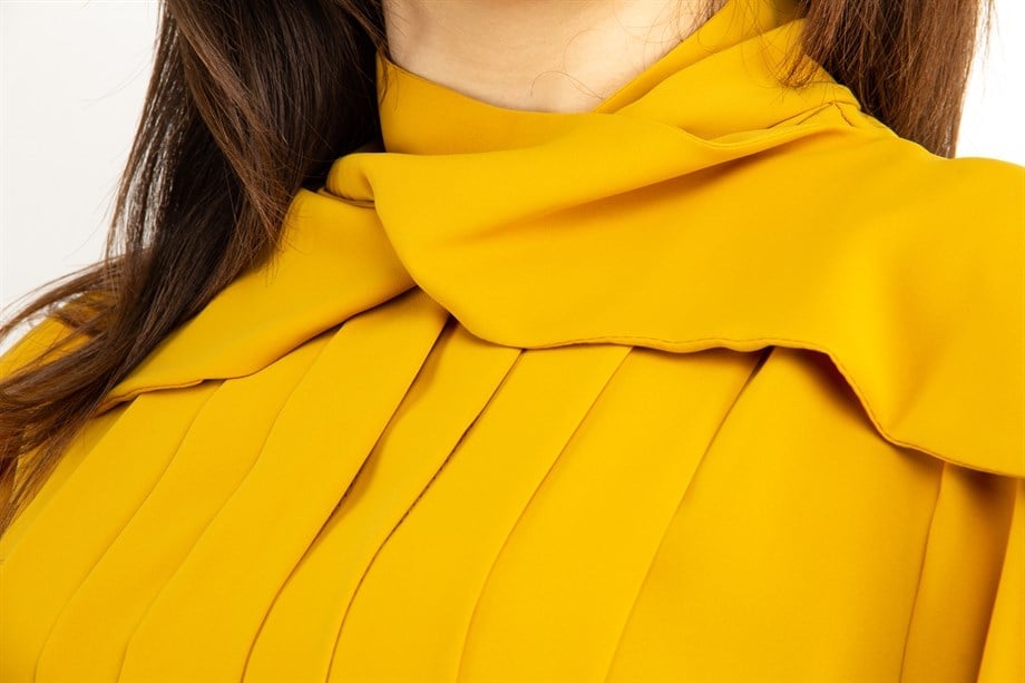 Wrap Neck Pleated Blouse - Mustard