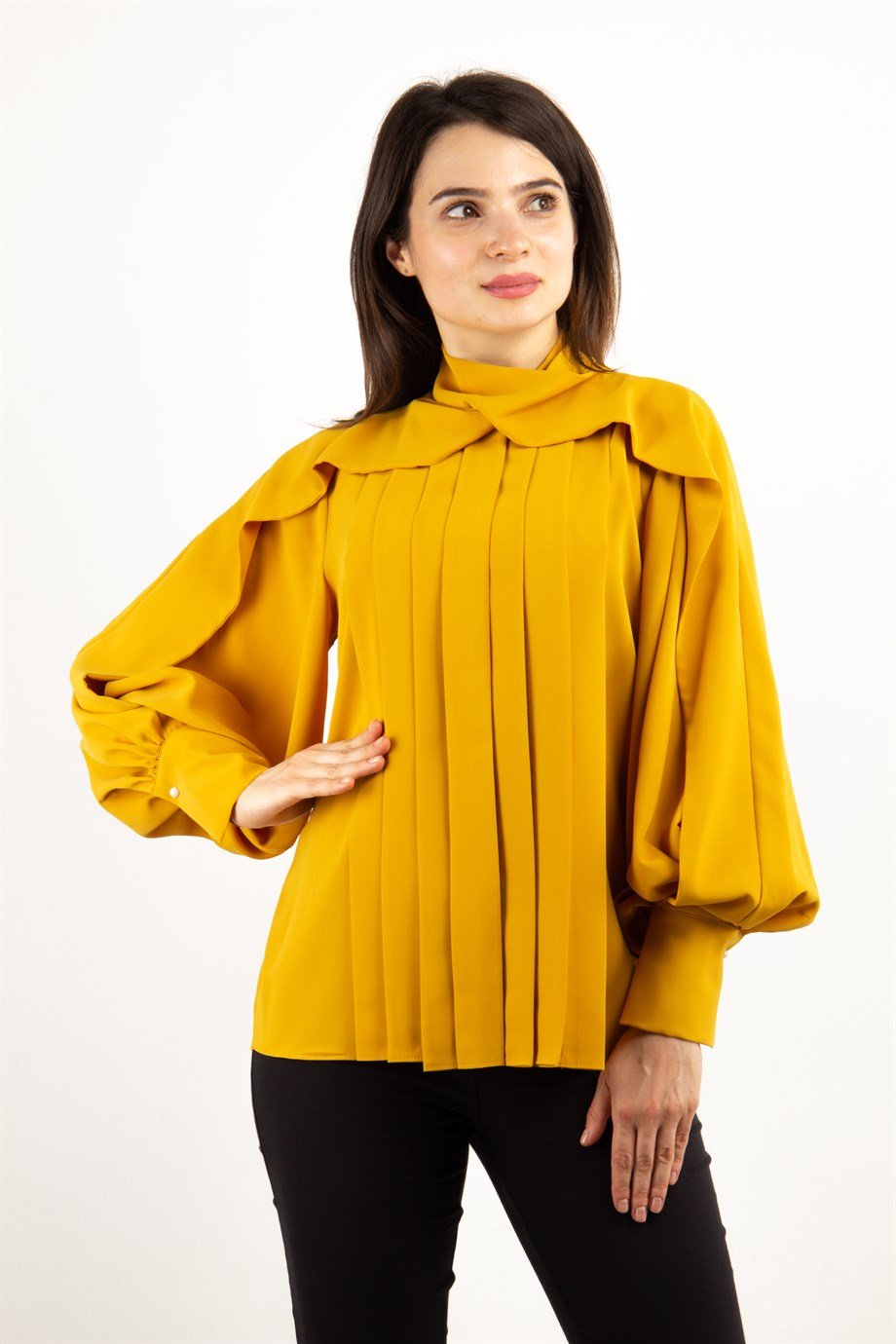 Wrap Neck Pleated Blouse - Mustard