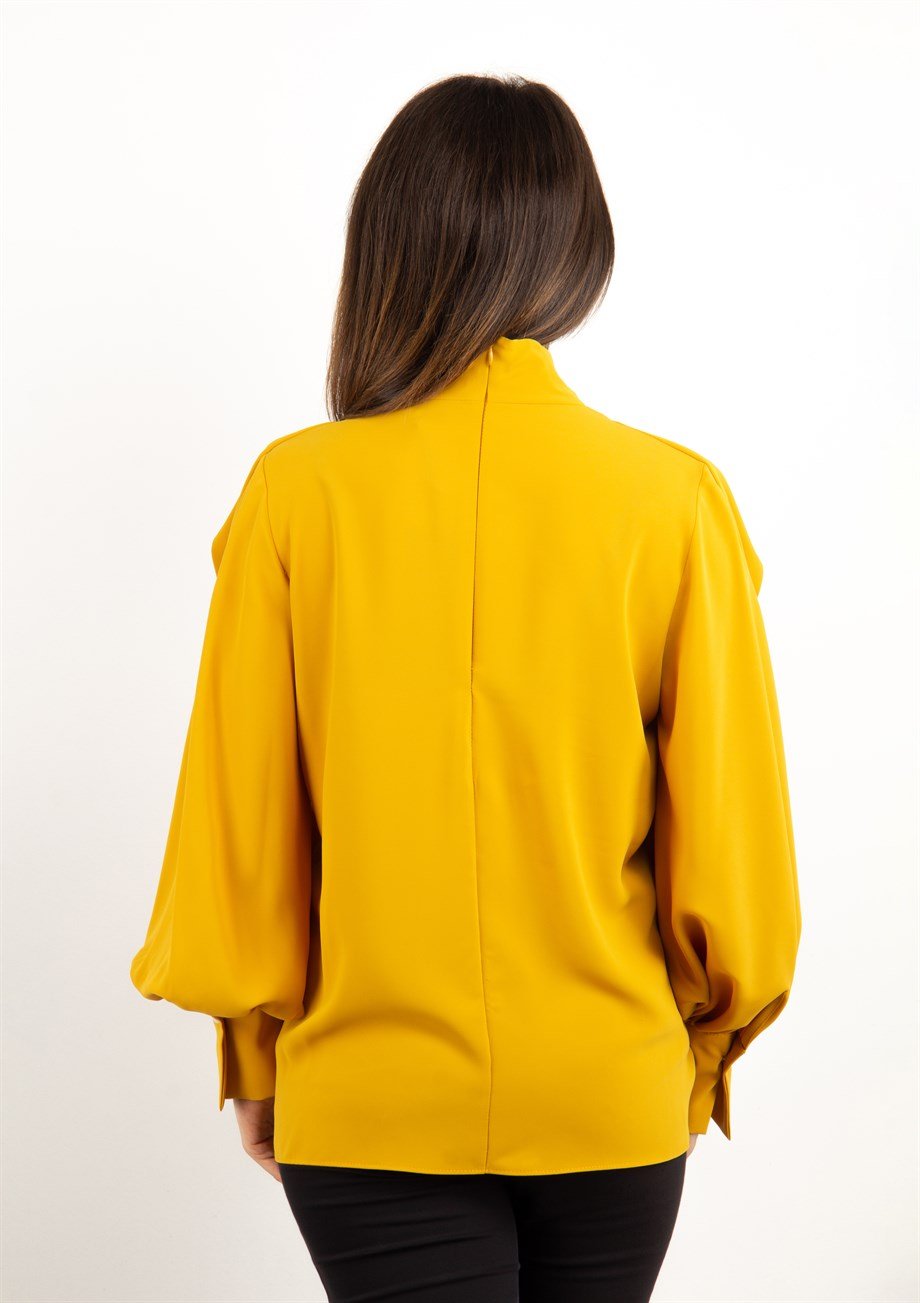 Wrap Neck Pleated Blouse - Mustard