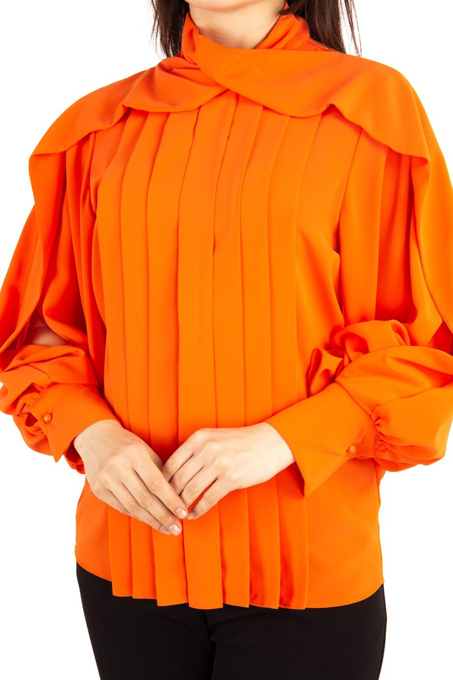 Wrap Neck Pleated Blouse - Orange