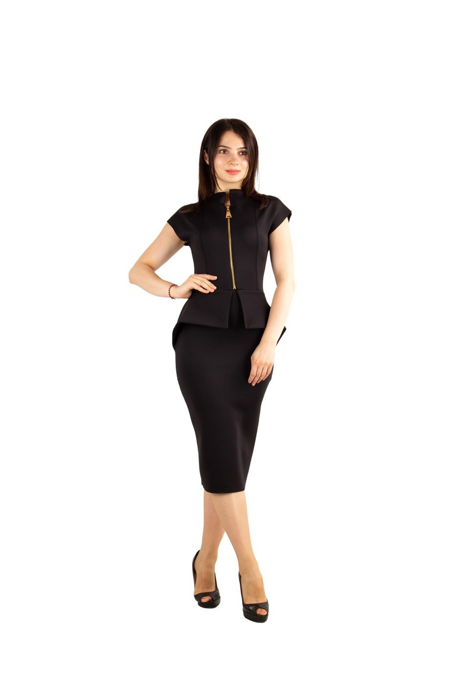 Zipper Detailed Peplum Big Size Dress - Black