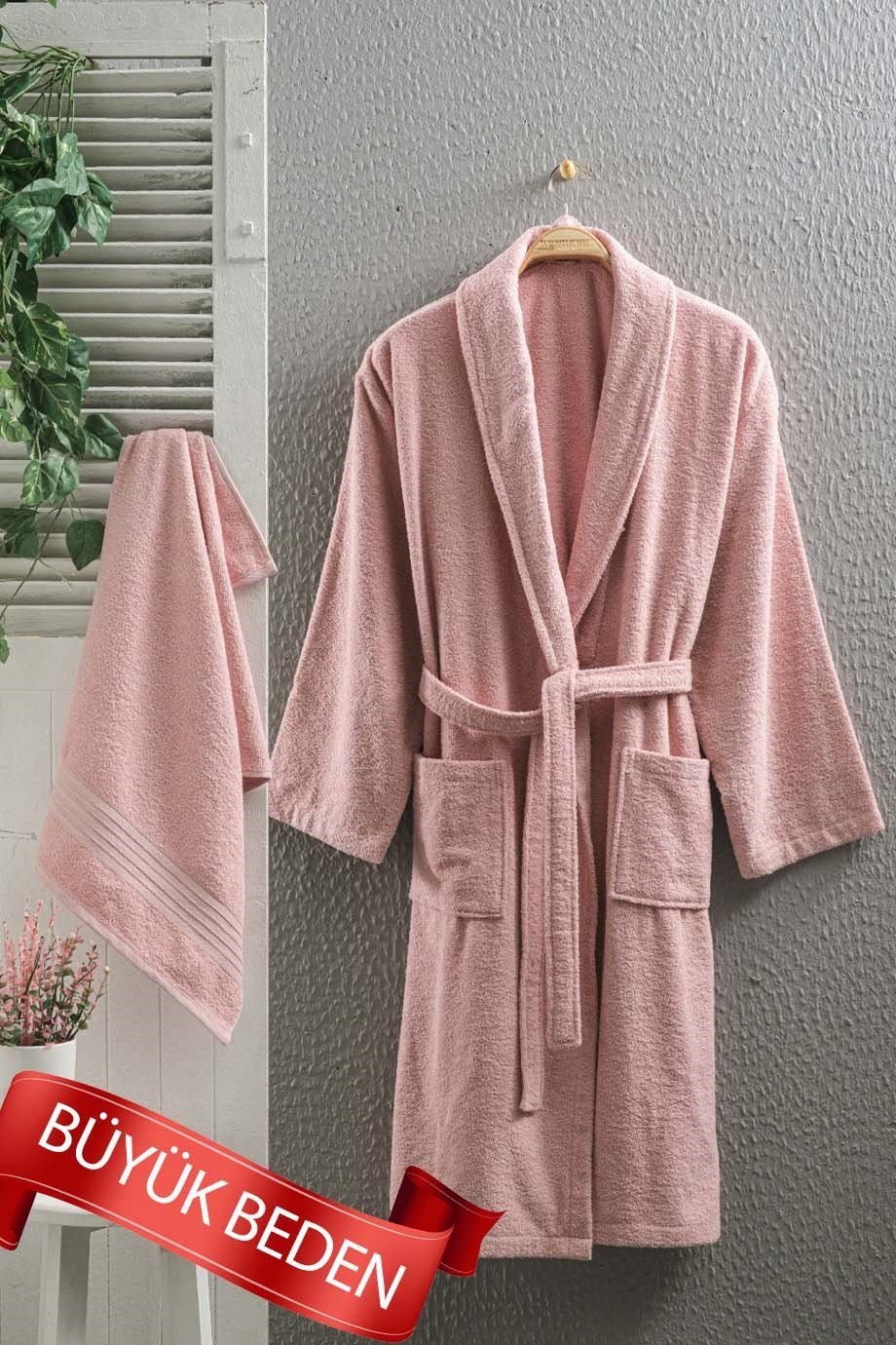 RIVA BORNOZ SET BÜYÜK BEDEN 2LI SET GÜL KURUSU 3XL