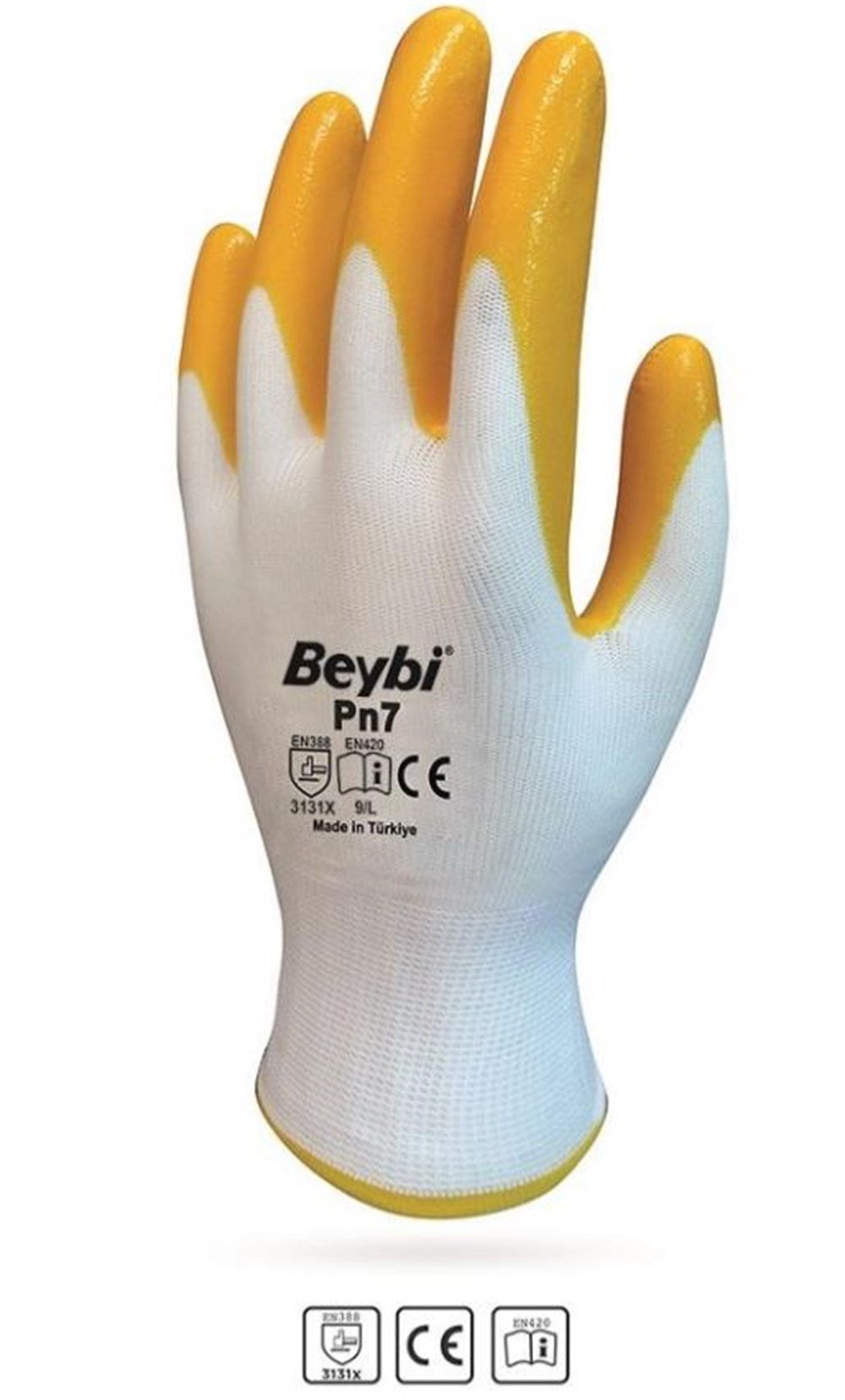 Beybi PN7 Sarı Beyaz Polyester Örme Nitril İş Eldiveni No: 10 XL 1 Adet