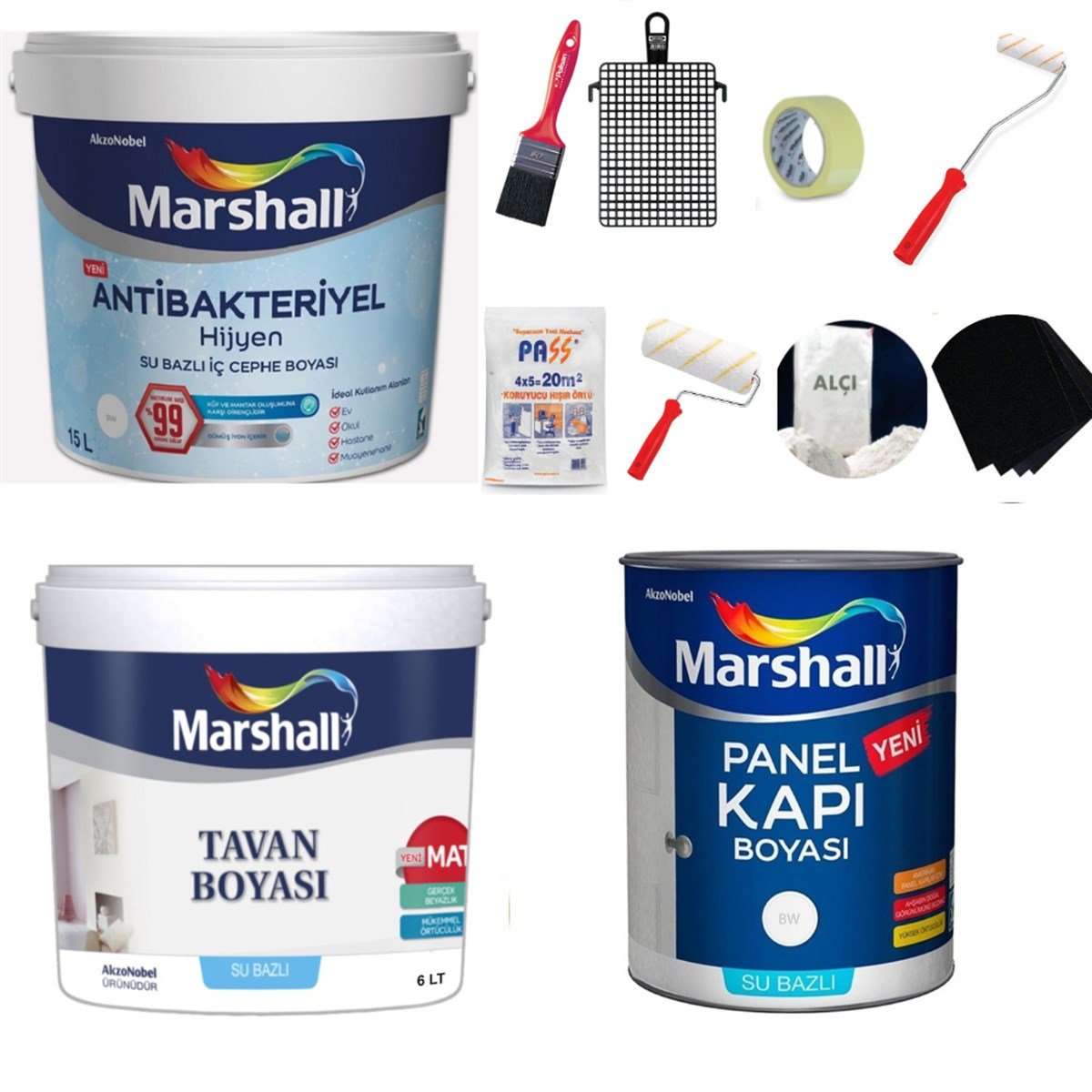 Marshall Antibakteriyel Hijyen Silinebilir İç Cephe Boyası  15Lt + Tavan Boyası 10Kg + Marshall Panel Tavan Boyası Beyaz Su Bazlı 2,5 Lt Boyama Seti