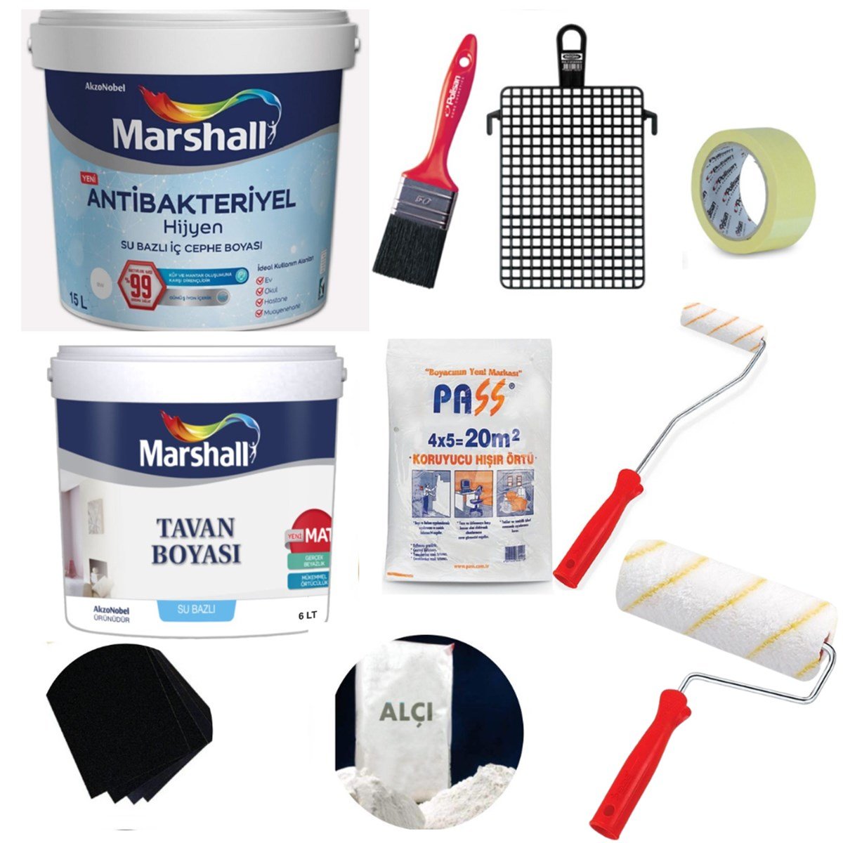 Marshall Antibakteriyel Hijyen Silinebilir İç Cephe Boyası  15Lt + Tavan Boyası 10Kg + Boyama Seti