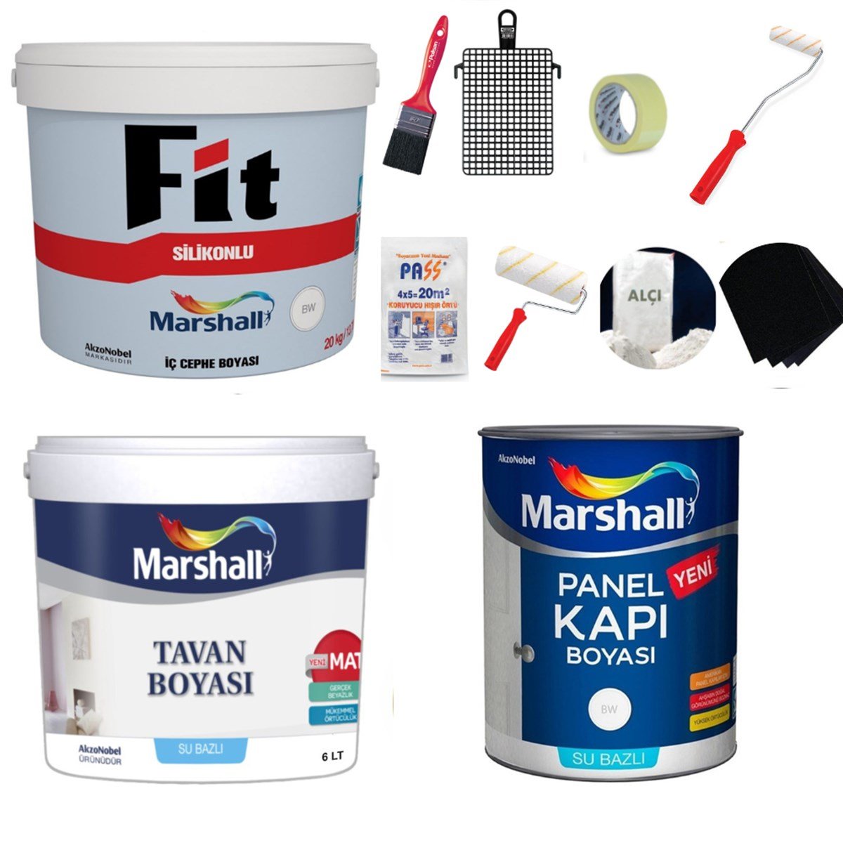 Marshall Fit Silikonlu Mat İç Cephe Boyası 15Lt + Tavan Boyası 10Kg + Marshall Panel Kapı Boyası Su Bazlı Beyaz 2,5 Lt  Boyama Seti