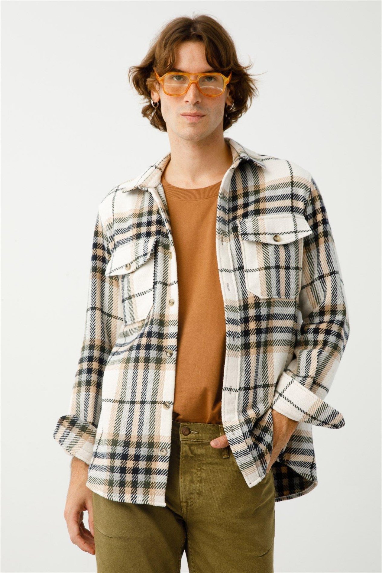 Regular Fit Yeşil-Krem Erkek Gömlek