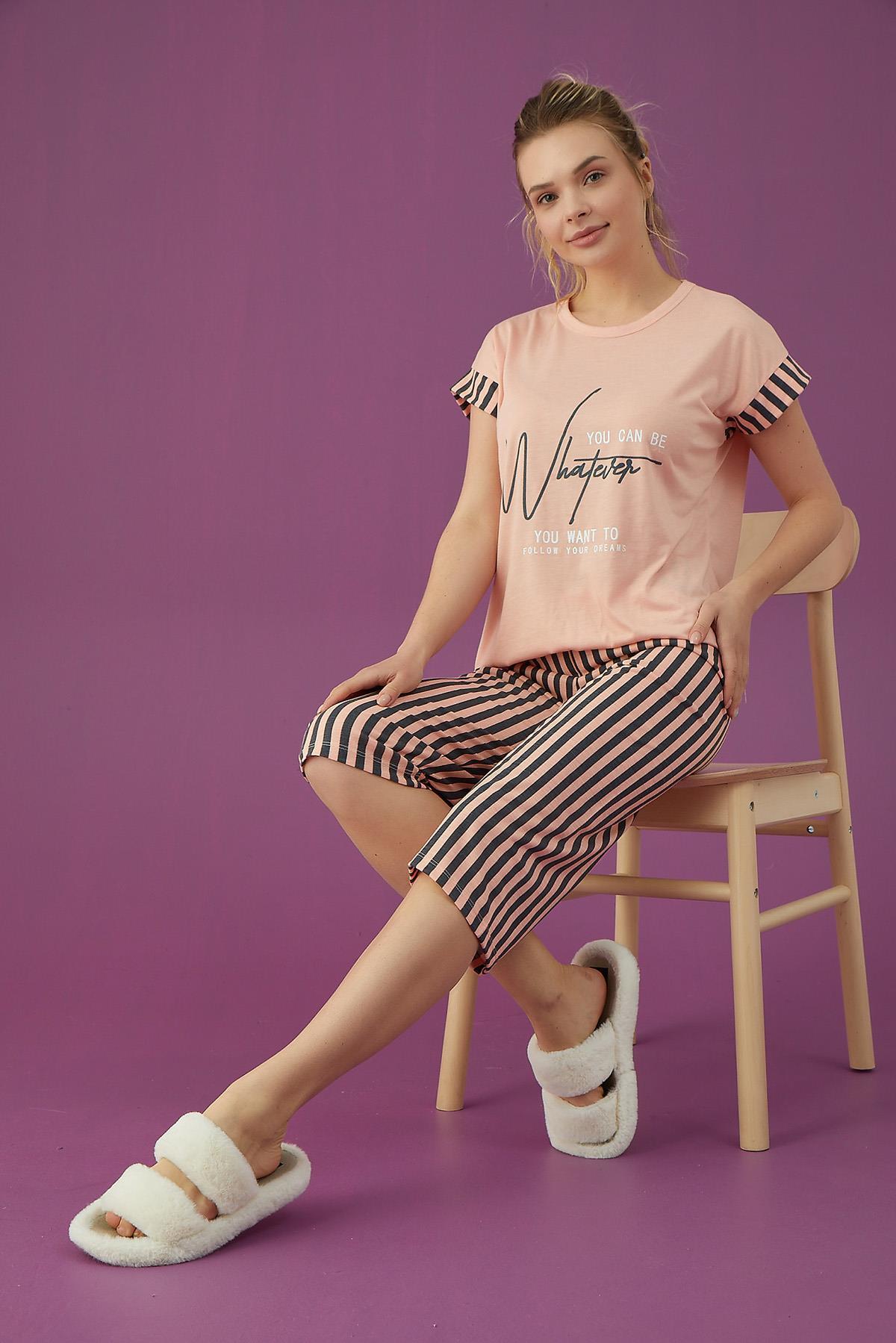 Bayan Çizgili Kapri Pijama Takımı (3201-10)