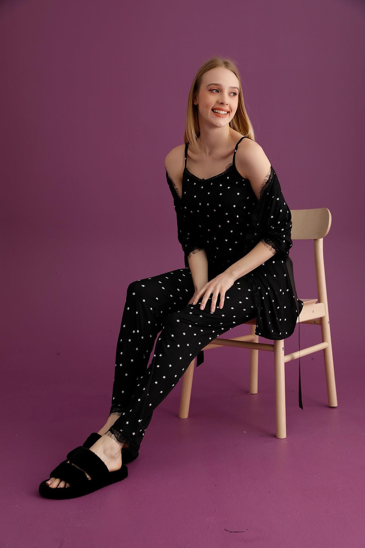 Bayan Yıldız Baskı Baskı İp Askılı Sabahlık Pijama Takımı  (PGS501-10)