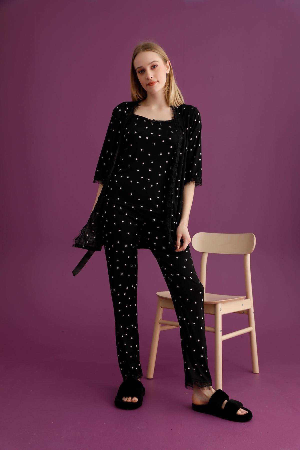 Bayan Yıldız Baskı Baskı İp Askılı Sabahlık Pijama Takımı  (PGS501-10)