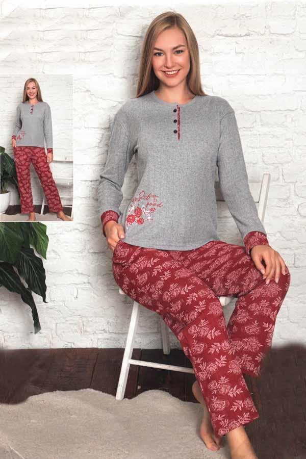 Fawn Kadın Yaprak Baskı 3 Düğme İnterlok Uzun Kol Pijama Takımı (8224)