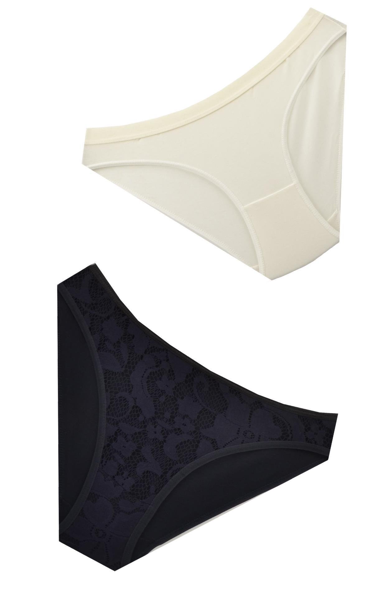 Flora Kadın 2 li Ekonomik Bikini Slip Külot Lacivert Ekru -  Standart (S M Beden)