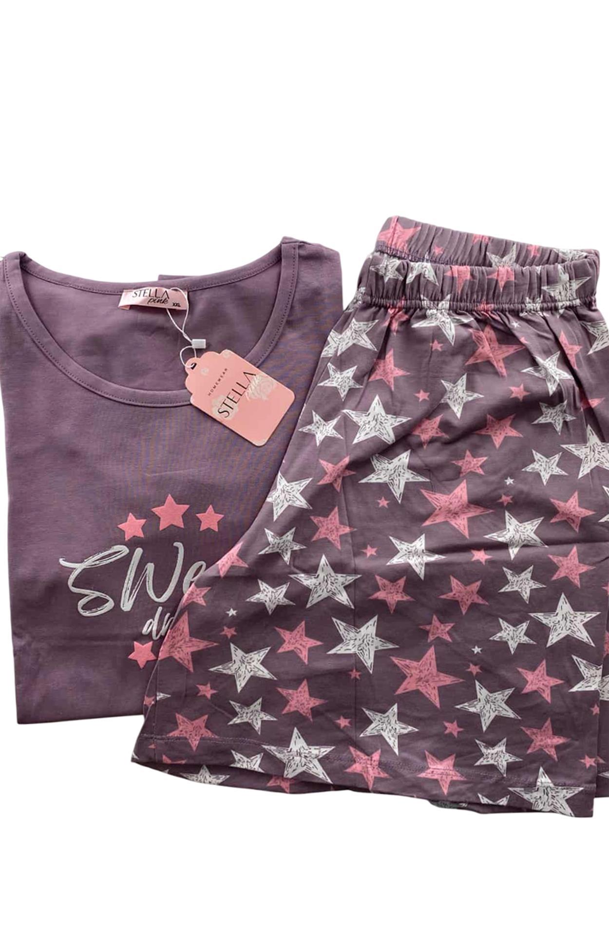 Kadın Battal Yıldız Desenli Kısa Kollu  Şortlu Pijama Takım - 5510 - STLLA PNK