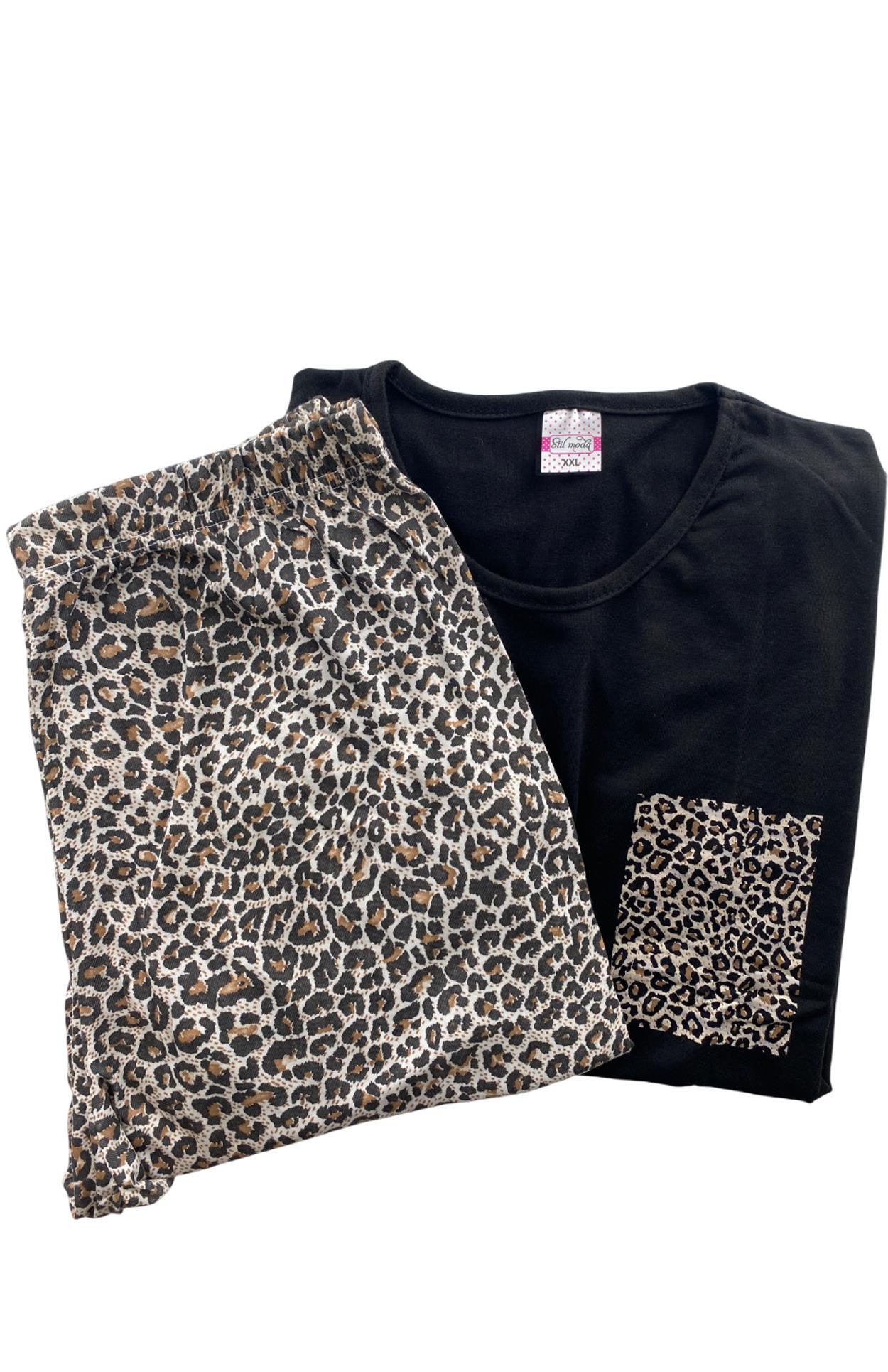 Kadın Leopar Desenli Kısa Kollu Pijama Takım - 5791 - STL MODA