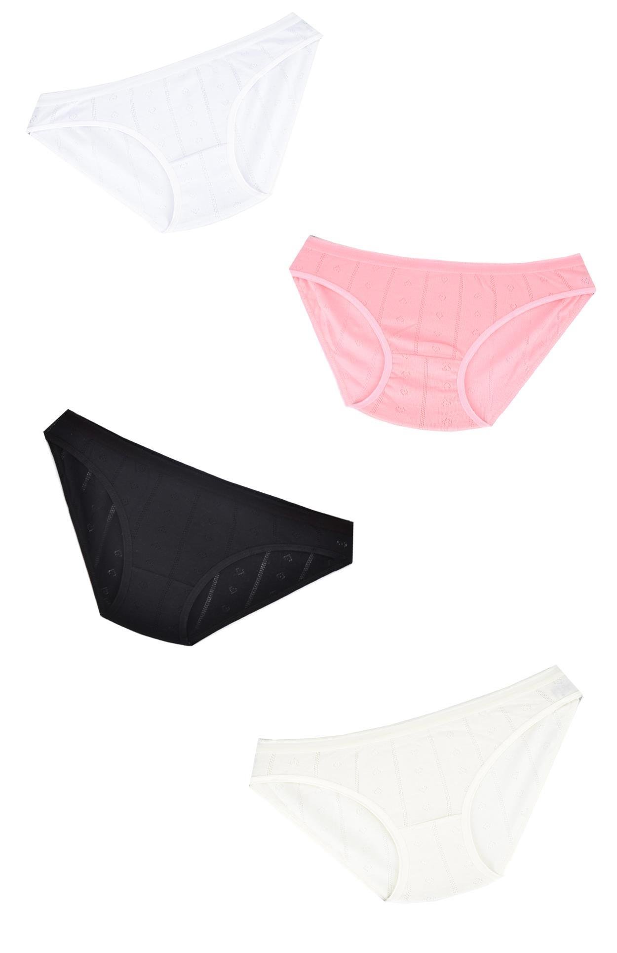 Tutku Kadın 4 lü Jakarlı Pamuklu Slip (Siyah-Beyaz-Pembe-Ekru) - Standart