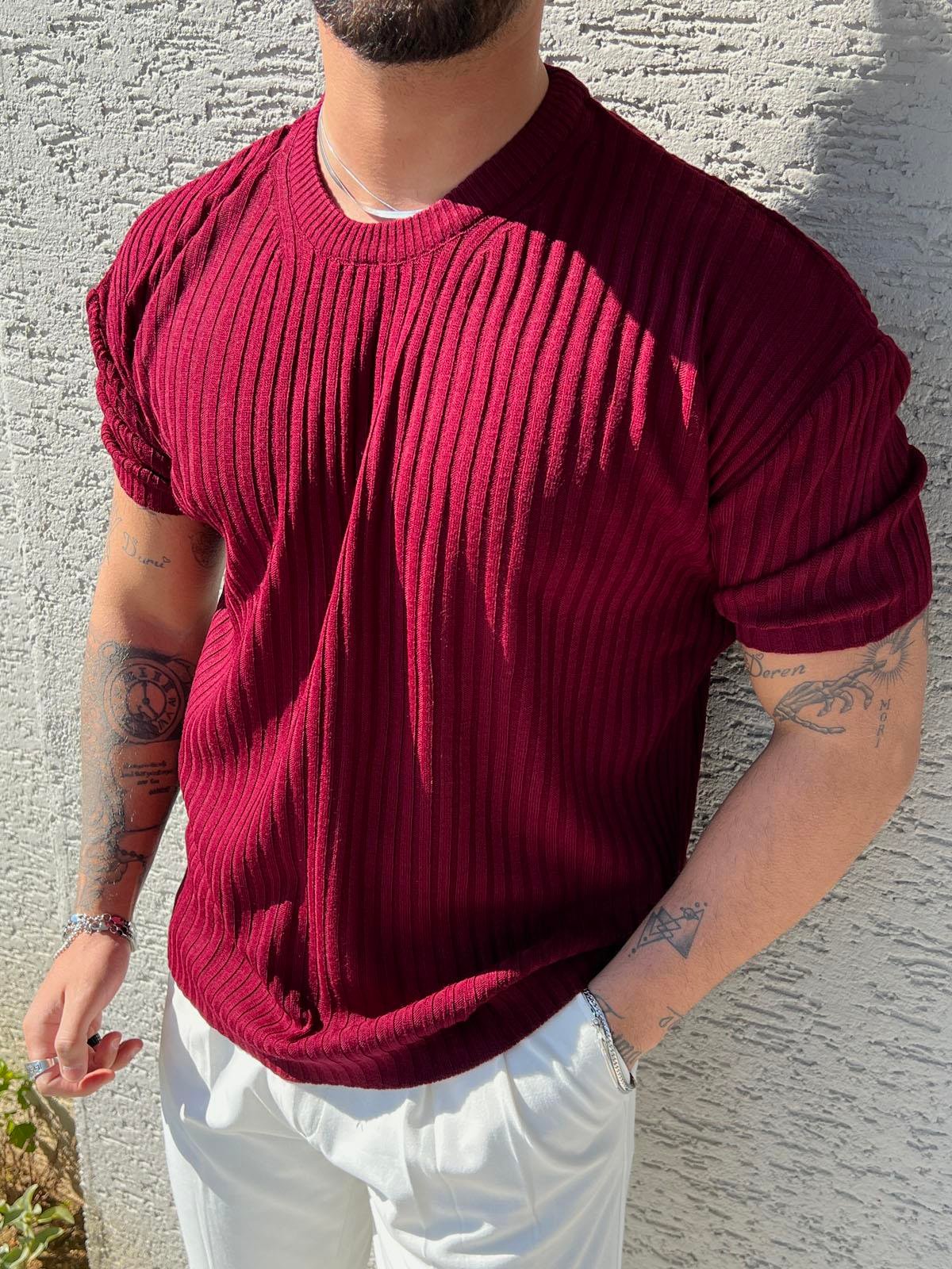 Bisiklet Yaka Oversize Fitilli Triko Tshırt Bordo