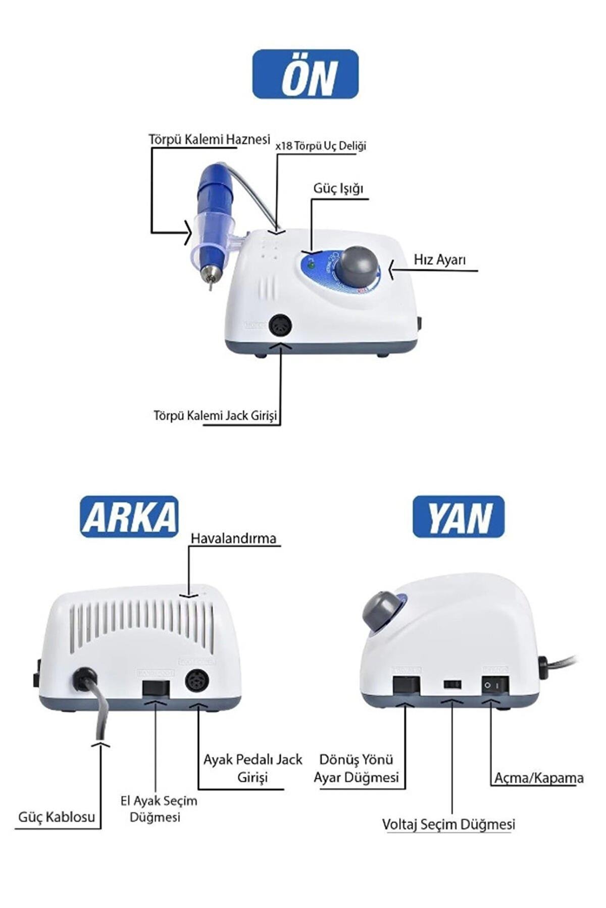 STRONG 210 ELEKTRİKLİ FREZE TÖRPÜ MAKİNESİ 65 W ve 6'LI SERAMİK ve RUS FREZE SETİ NO 5 - STRONG-210-FREZE-SET-5-ADANİL