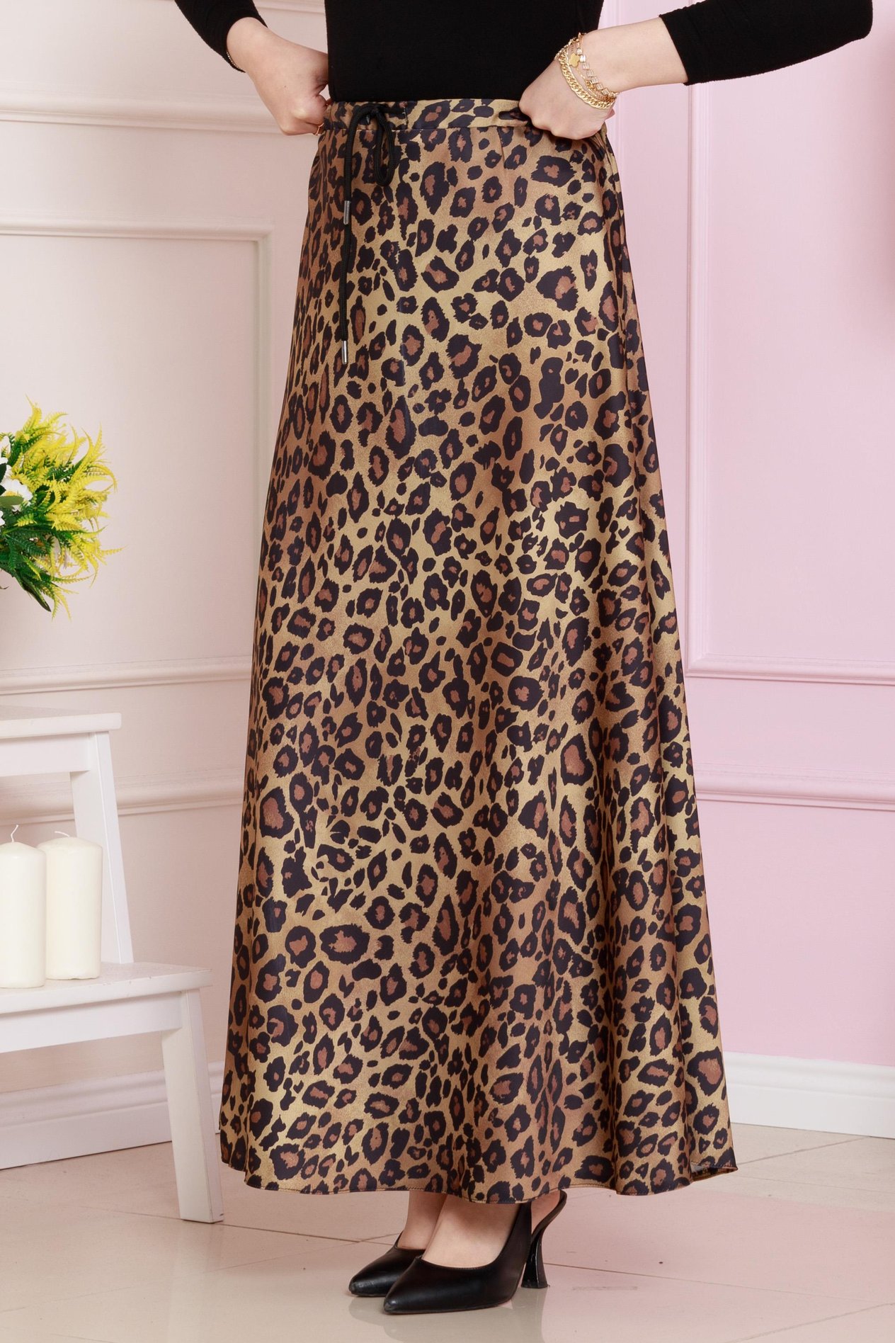 Beli Bağcıklı Leopar Desenli Etek-Hardal