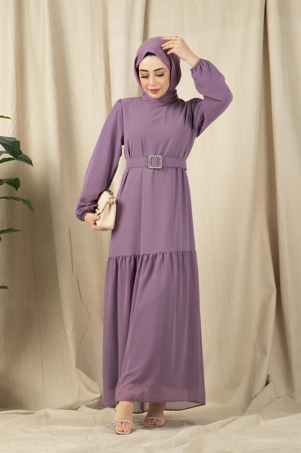 Stone Buckle Belt Long Dress-Lilac