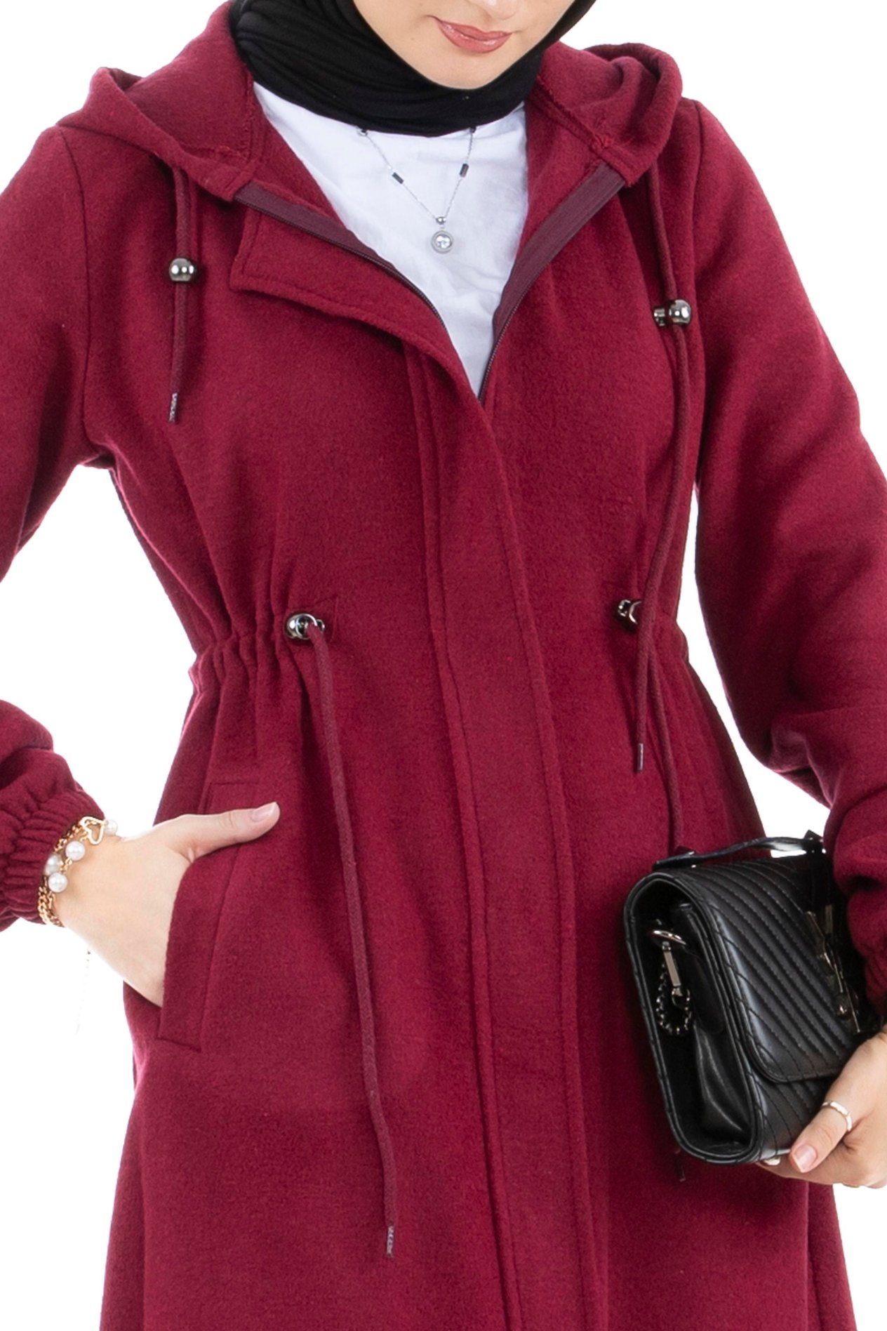 Beli Tünelli Kaşe Kaban-Bordo