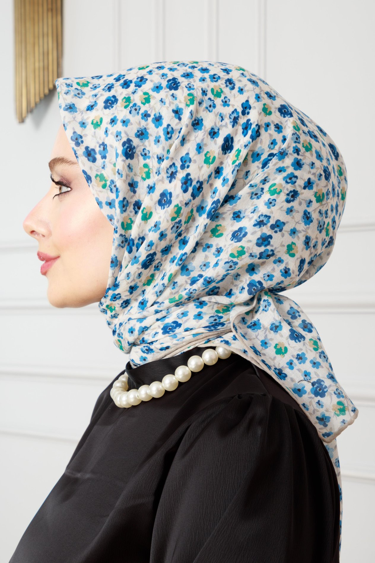 Çiçek Desen Pamuklu Eşarp-Mavi