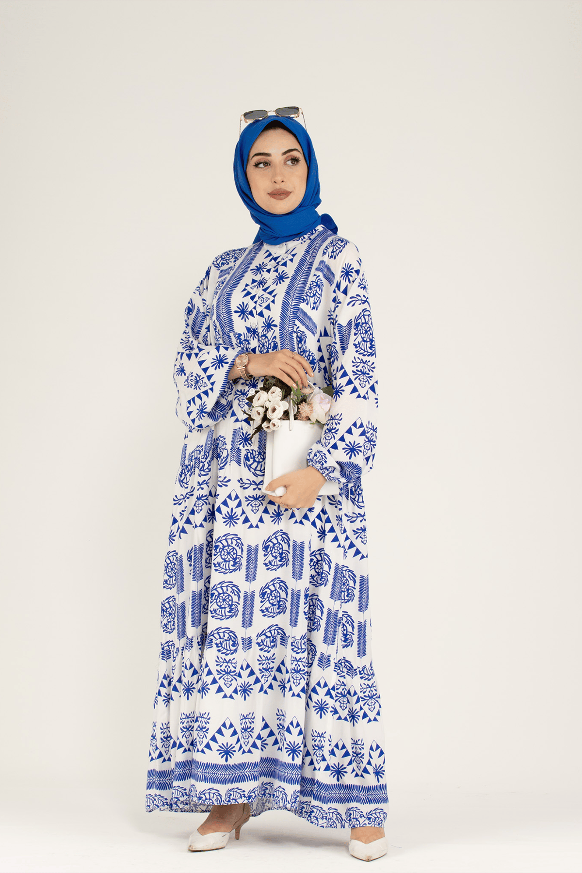 Patterned Viscose Dress-Blue