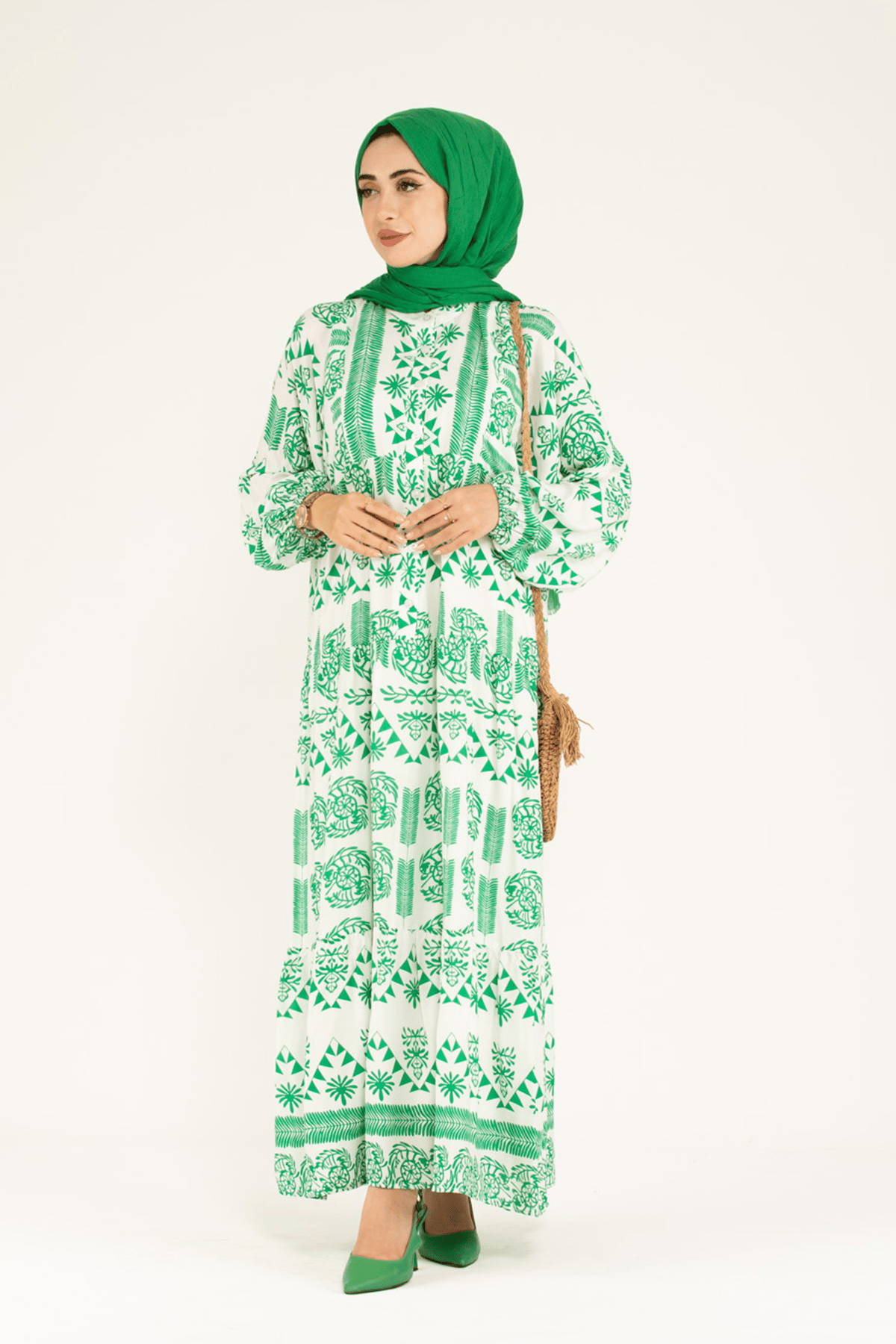 Patterned Viscose Dress-Green