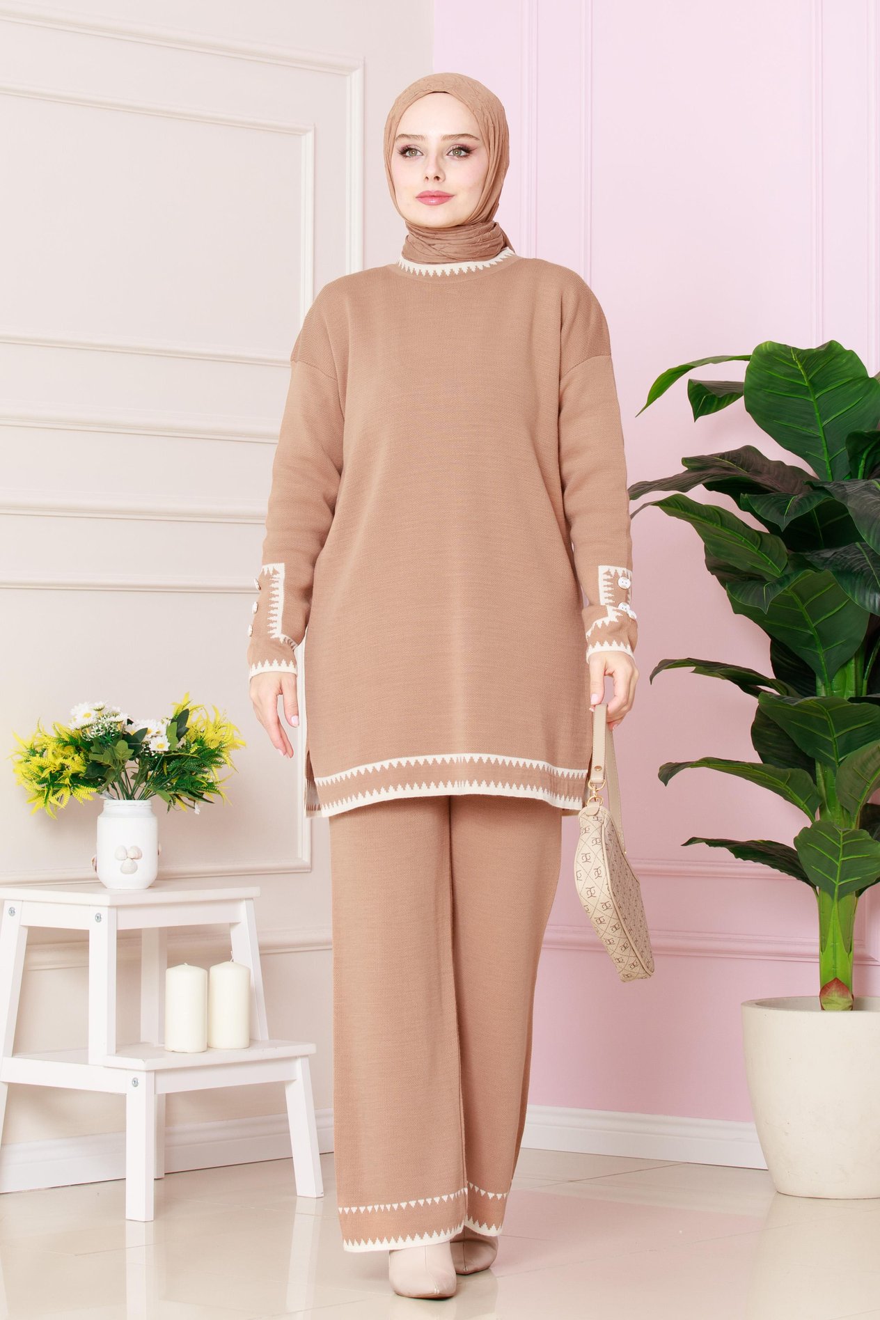 Button Detailed Knitwear Suit-light brown color