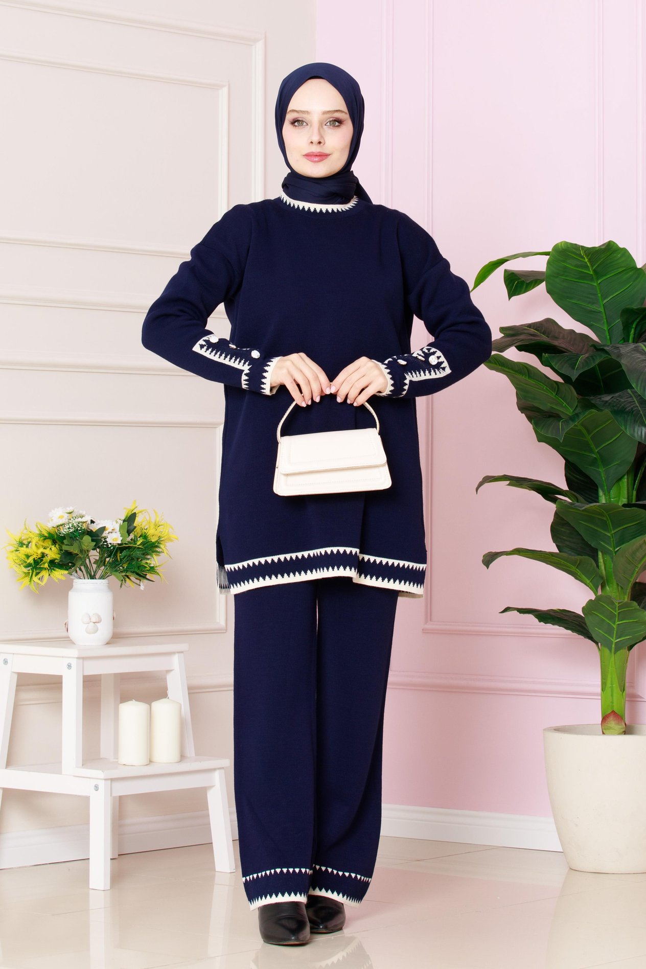 Button Detailed Knitwear Suit- dark blue color