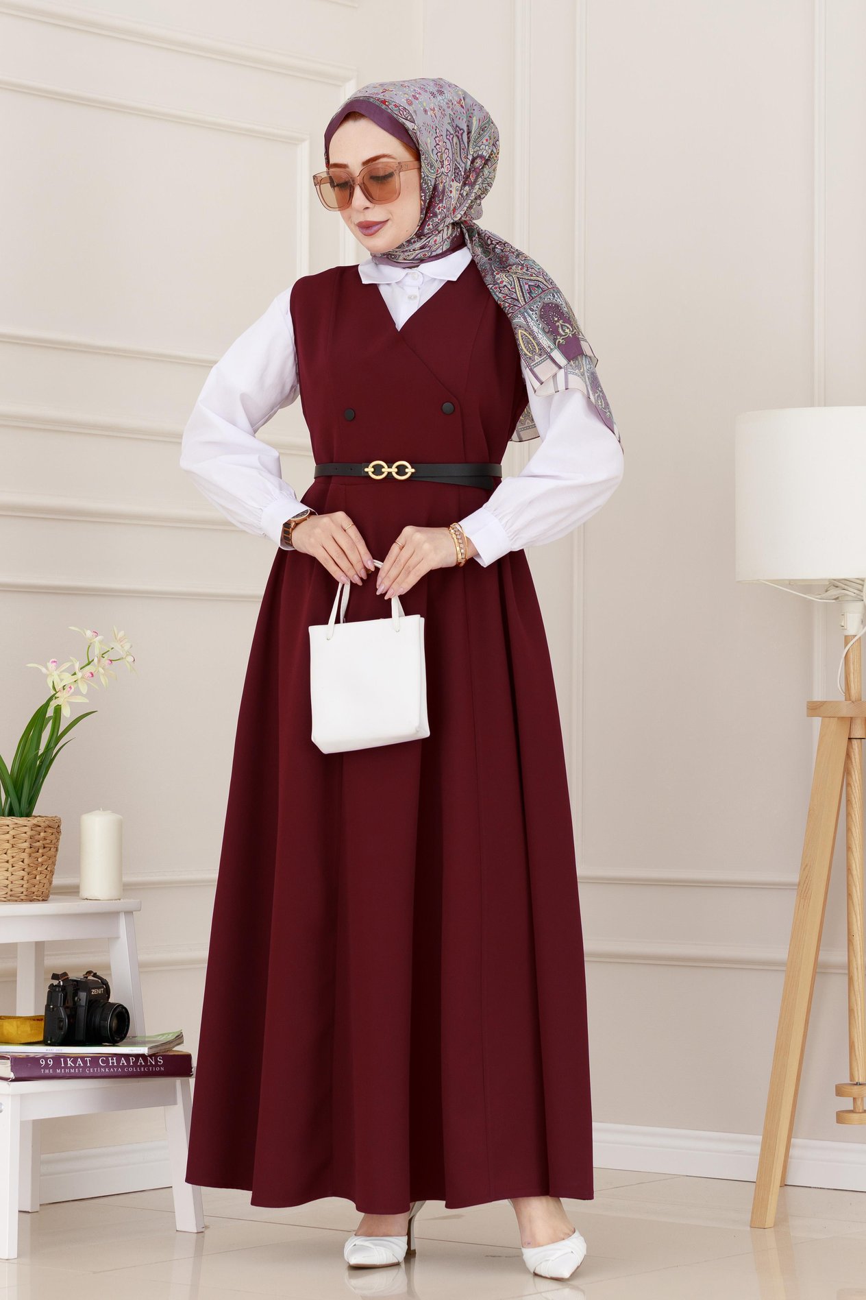 Düğme Detaylı Kemerli Jile-Bordo