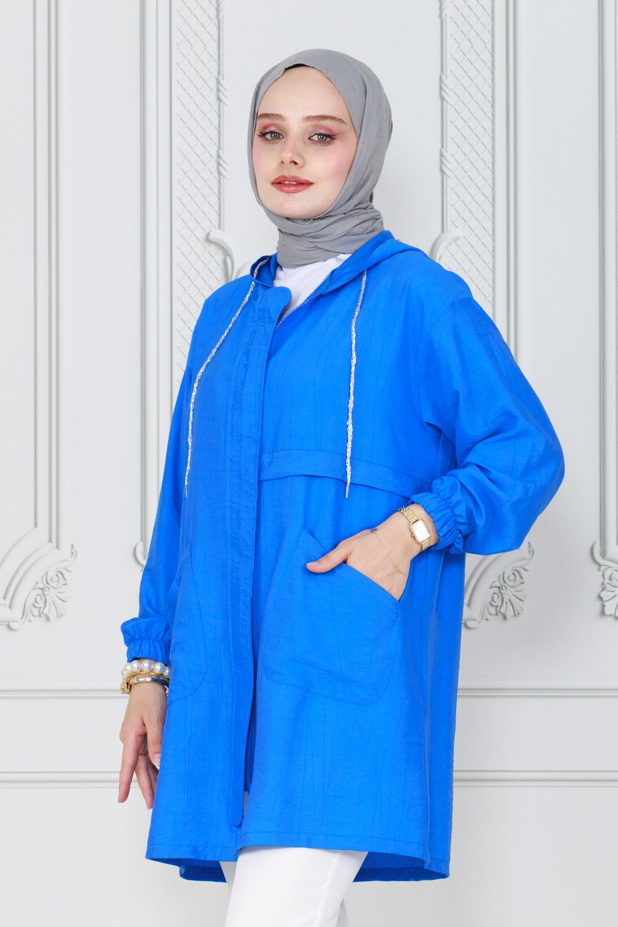 Fermuarlı kapüşonlu Kap-Mavi