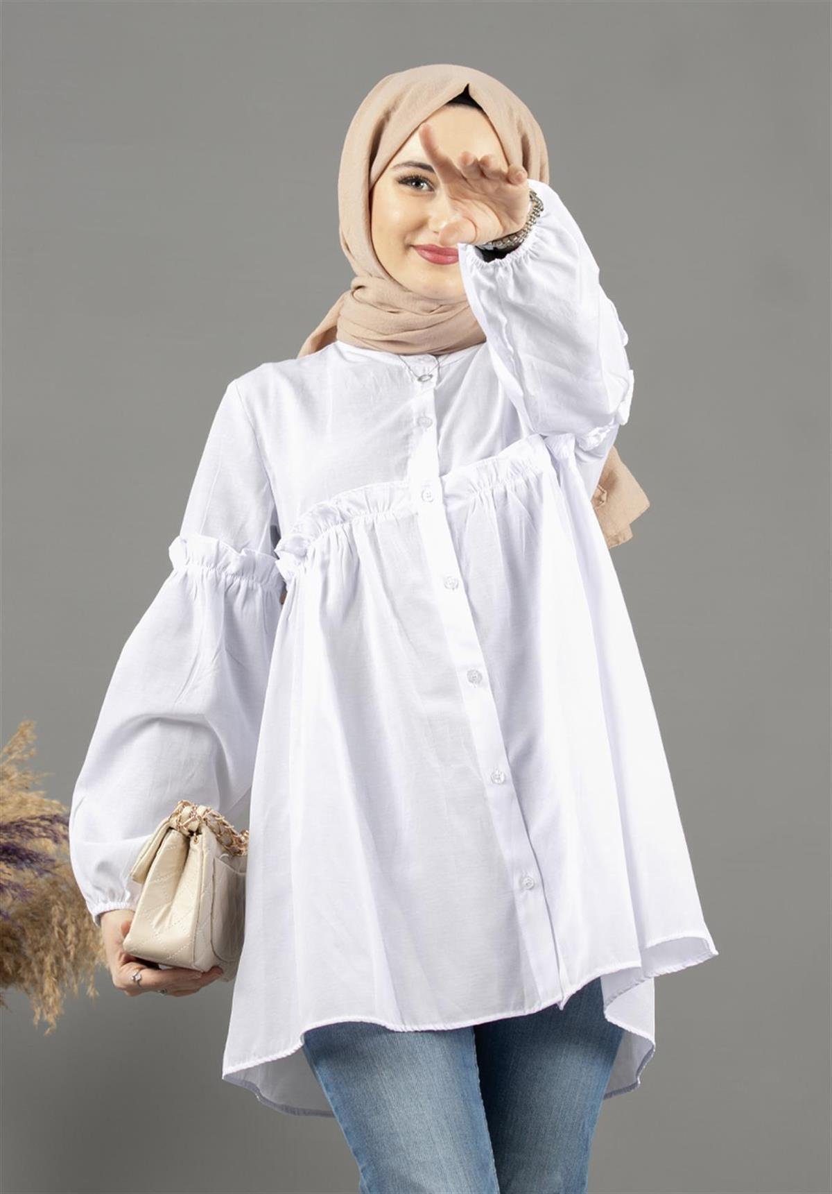 Fırfır Detaylı Tunik-Beyaz
