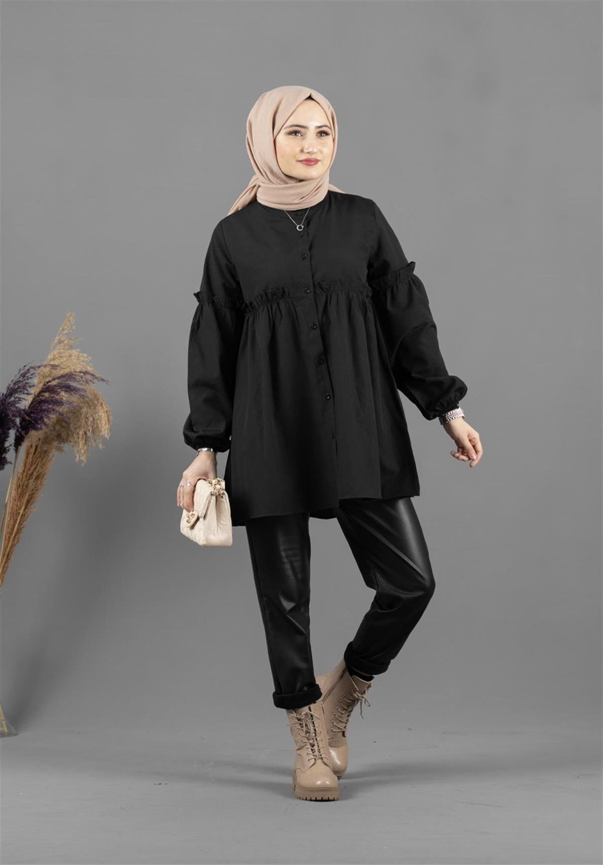 Fırfır Detaylı Tunik-Siyah