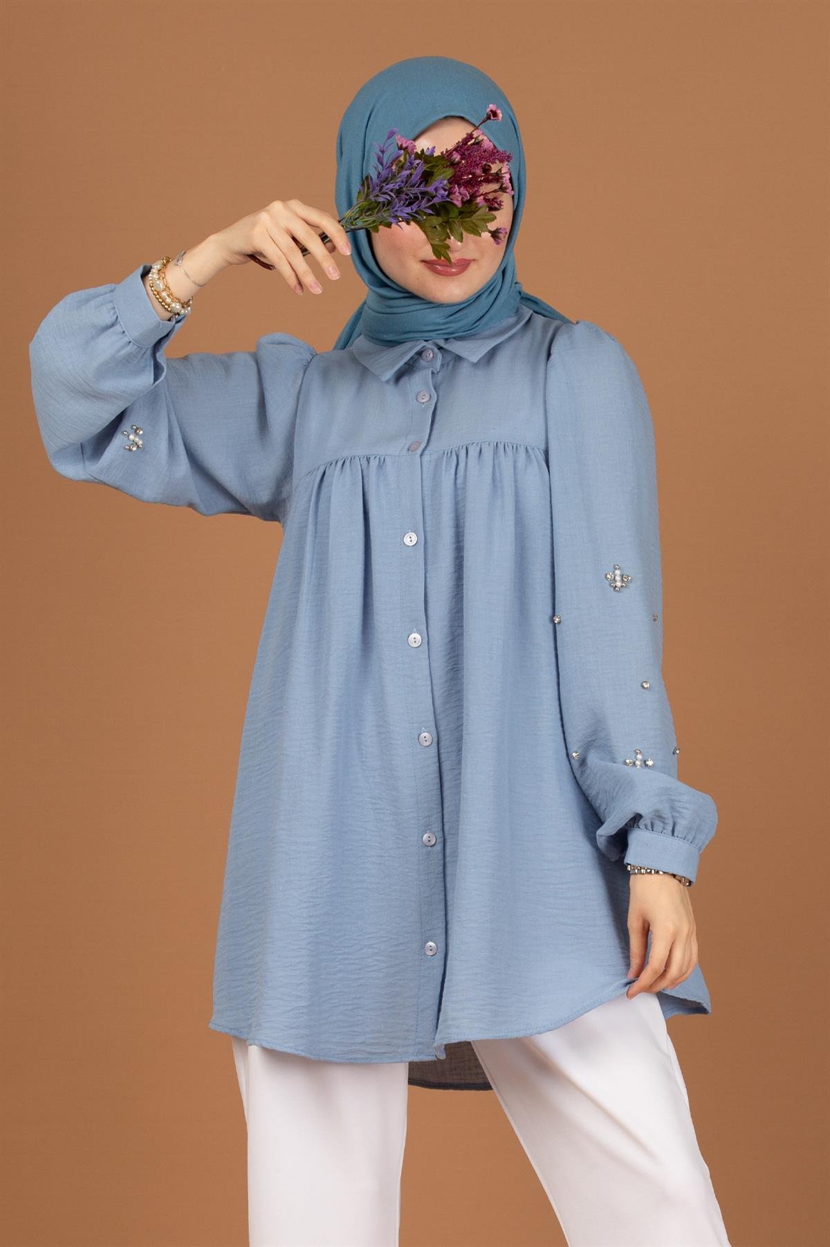 Arm Pearl Detailed Tunic-Light Bluesi