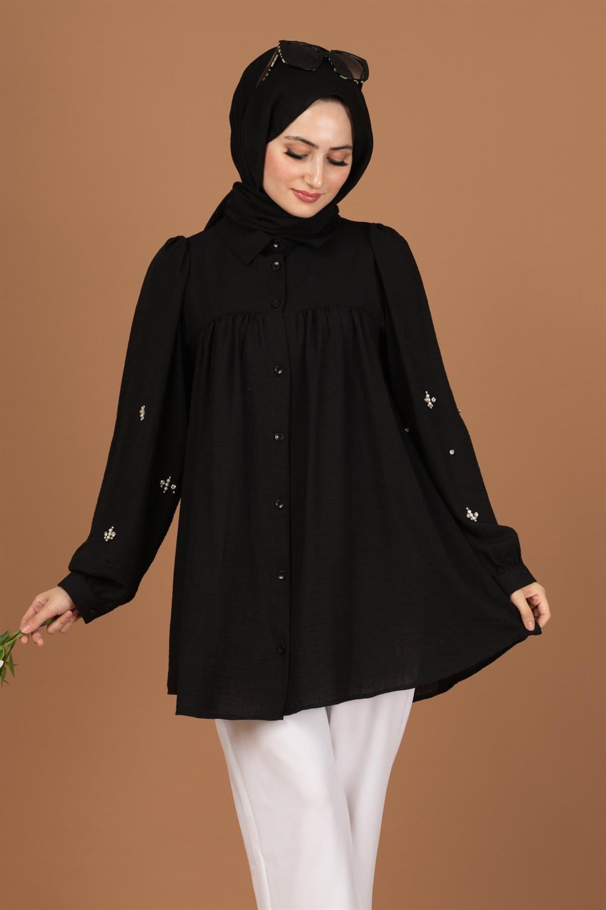 Arm Pearl Detailed Tunic-Black