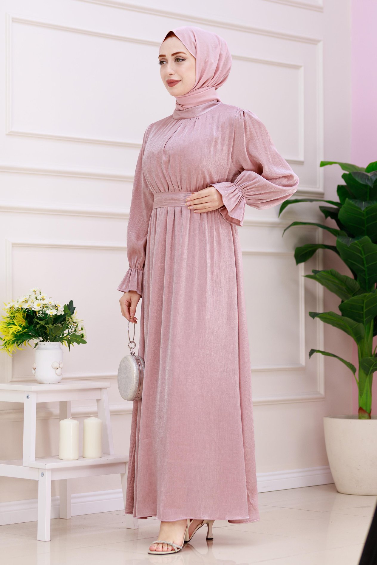 Kolu Volanlı Simli Alya Abiye-Pembe