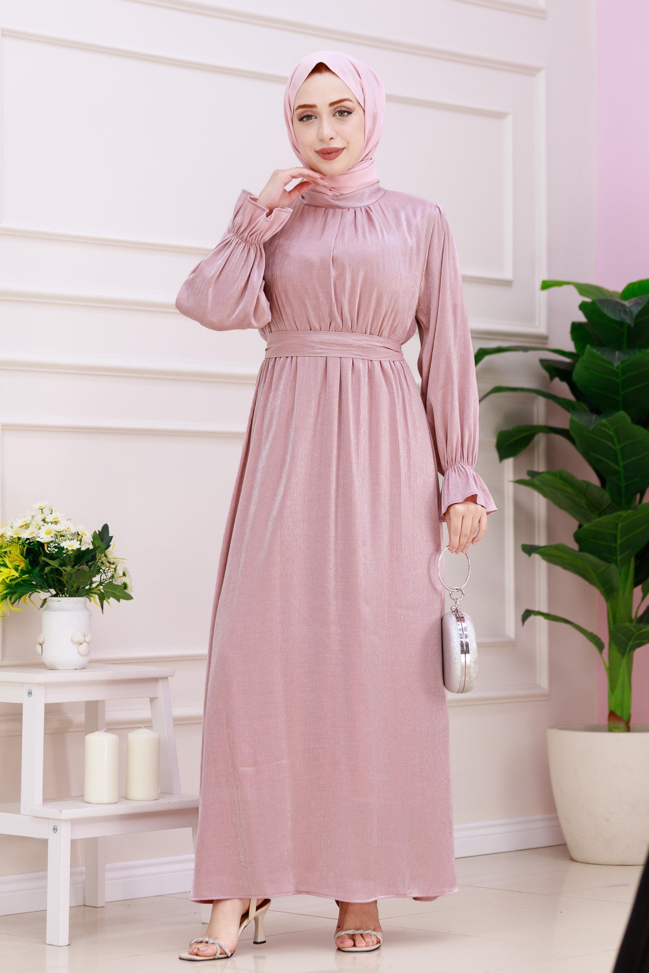 Kolu Volanlı Simli Alya Abiye-Pembe
