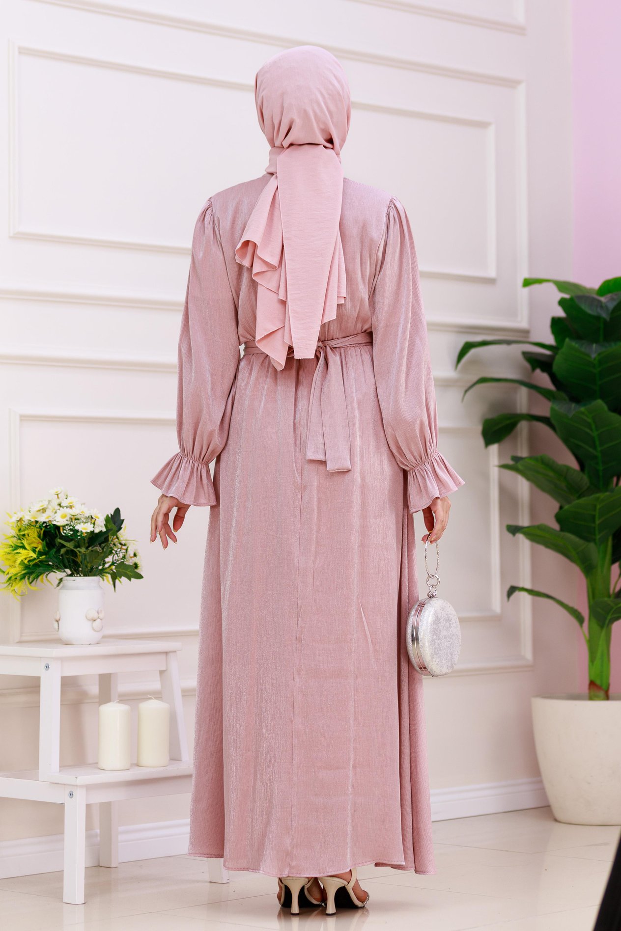 Kolu Volanlı Simli Alya Abiye-Pembe