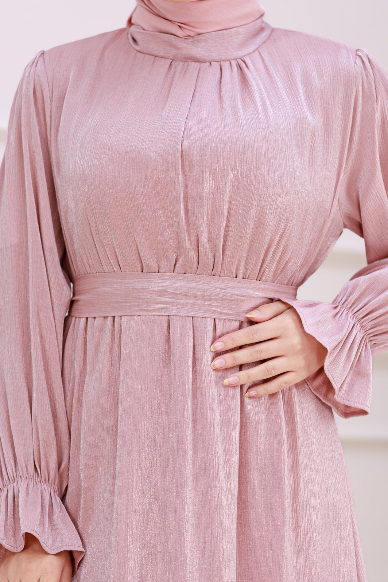 Kolu Volanlı Simli Alya Abiye-Pembe