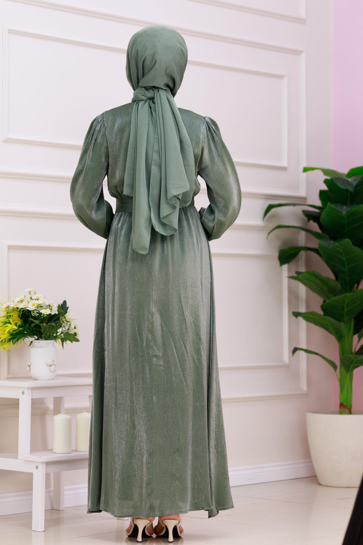 Kolu Volanlı Simli Alya Abiye-Yeşil