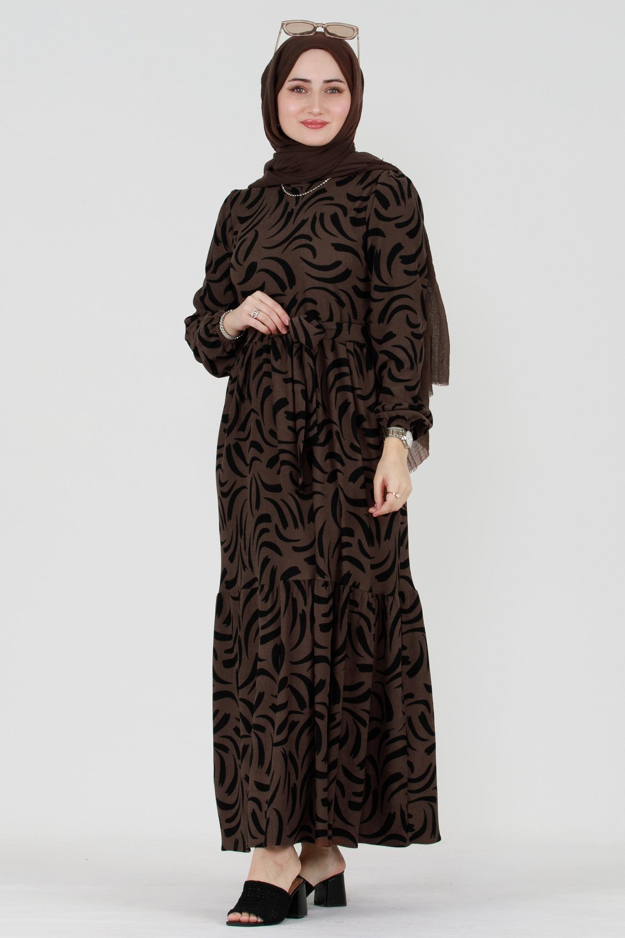 Tulip Waist Belted Modest Dress-Brown