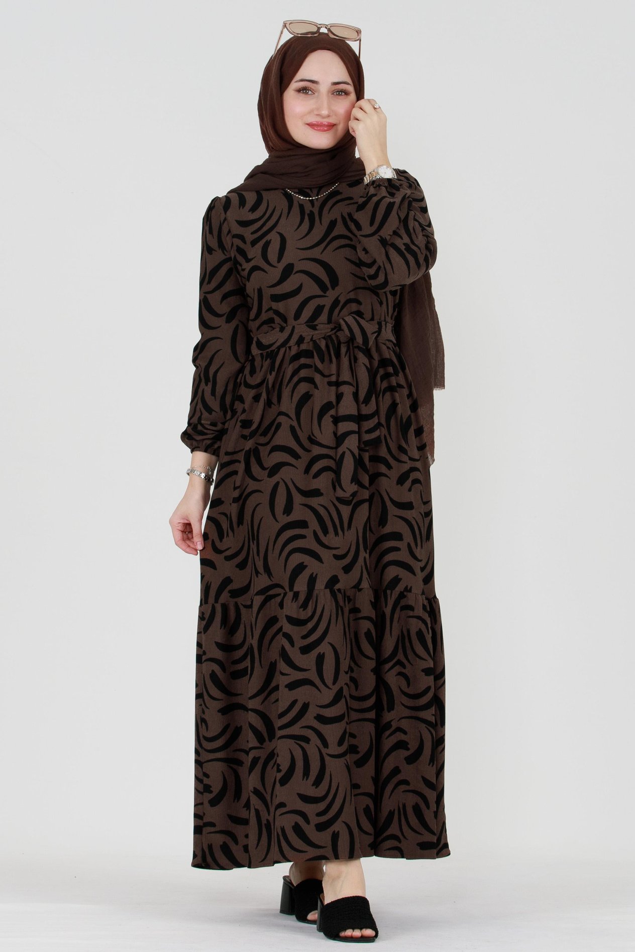 Tulip Waist Belted Modest Dress-Brown