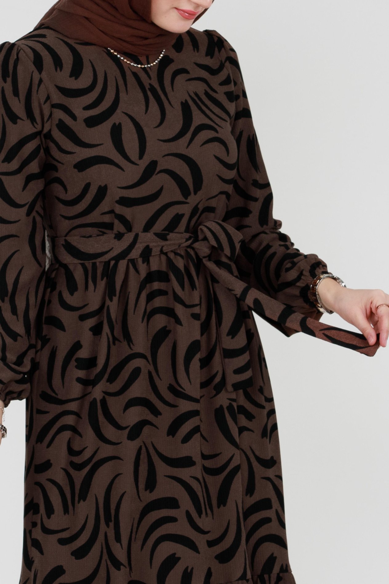 Tulip Waist Belted Modest Dress-Brown
