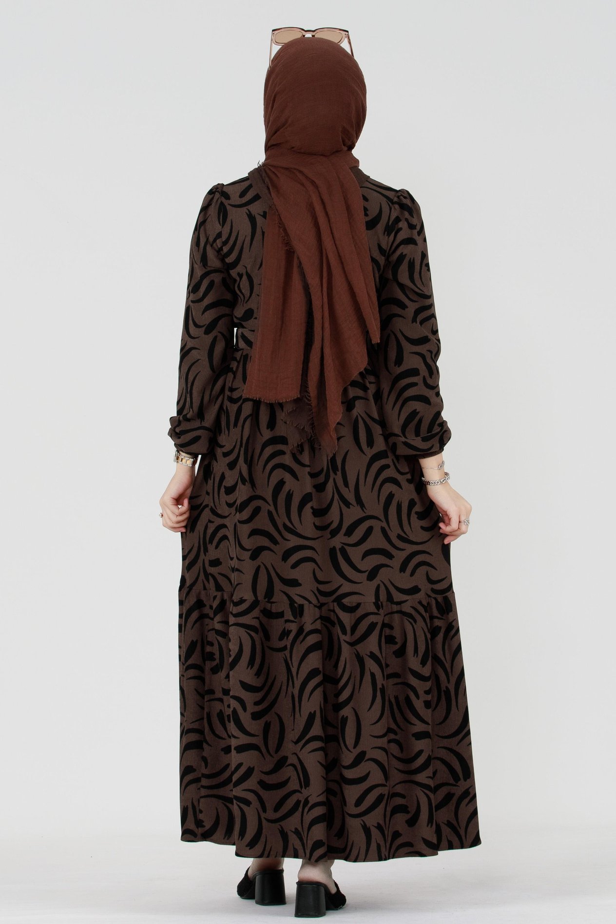 Tulip Waist Belted Modest Dress-Brown