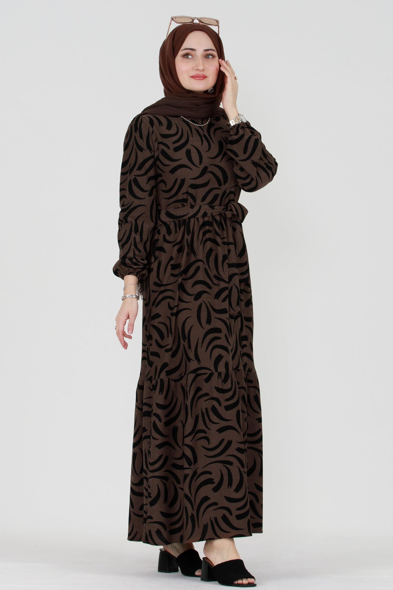 Tulip Waist Belted Modest Dress-Brown